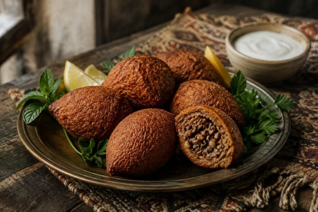 Kibbeh, bulgur-meat shells stuffed with spiced lamb and pine nuts; Aleppo counts dozens, Syria main, anime style