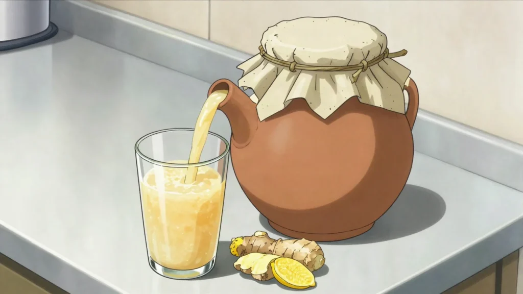 Kissangua, homemade fermented cornmeal drink, lightly sweet, Angola drink, anime style