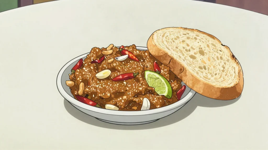 Kitaba, coarse roasted peanut paste beaten with chili, spread on bread or fish, Angola sauce & condiment, anime style