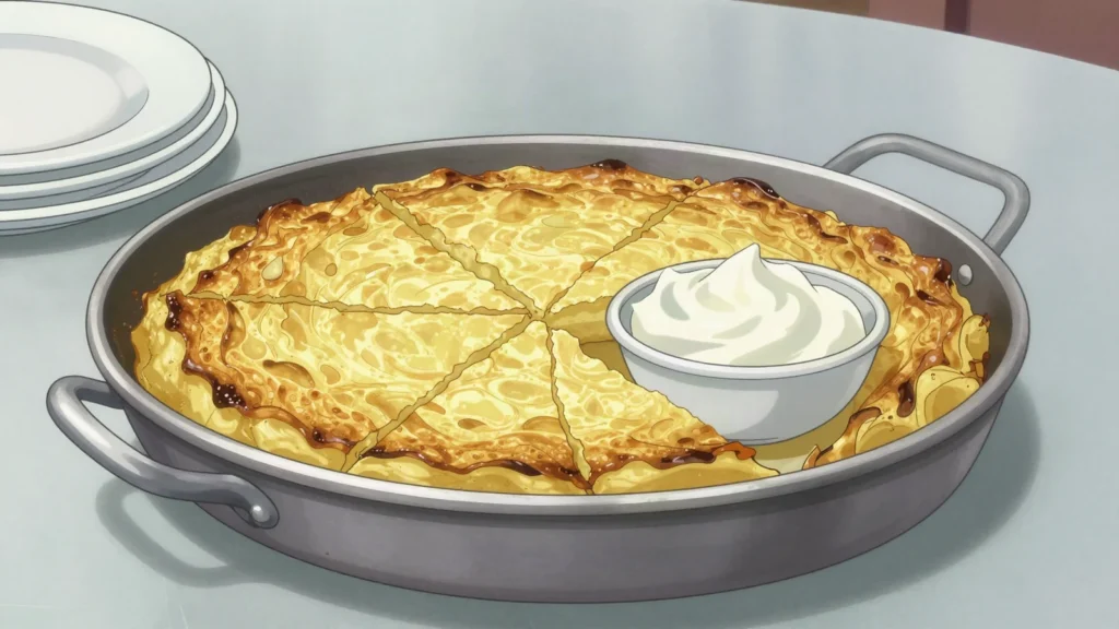 Kljukuša, grated potato and flour batter baked in a pan, served with garlic cream, Bosnia and Herzegovina main, anime style