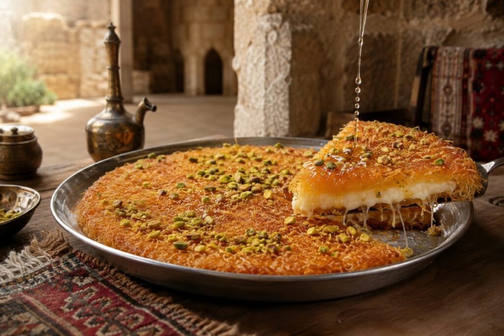Knafeh, nablus icon: semolina crust over melting cheese with orange syrup, Palestine dessert, anime style
