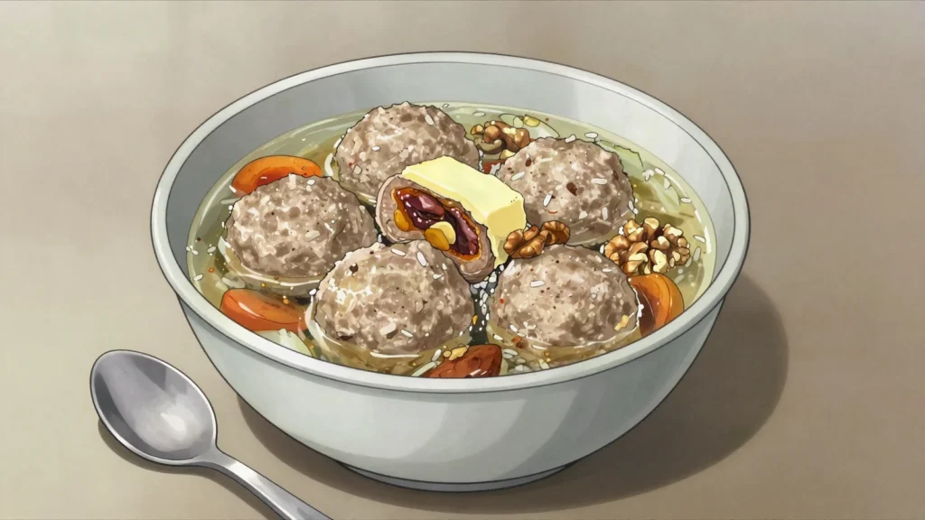Kololak, large pounded meatballs poached in broth, sometimes filled with dried fruit, Armenia soup & stew, anime style