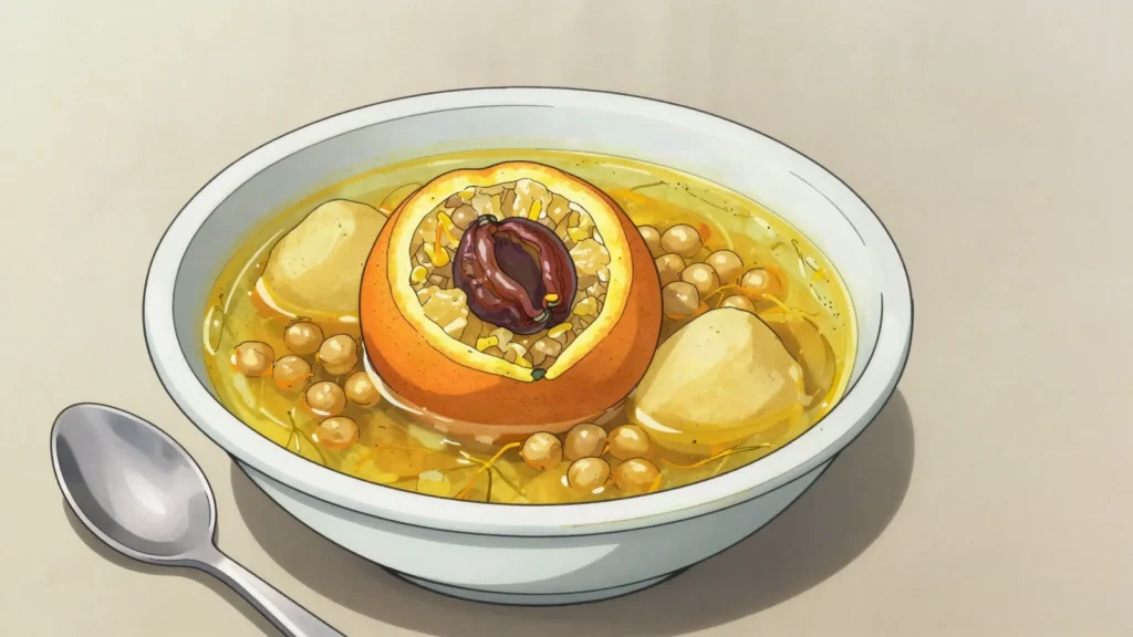 Kufta bozbash, saffron broth with giant meatballs hiding sour plums, Azerbaijan soup & stew, anime style