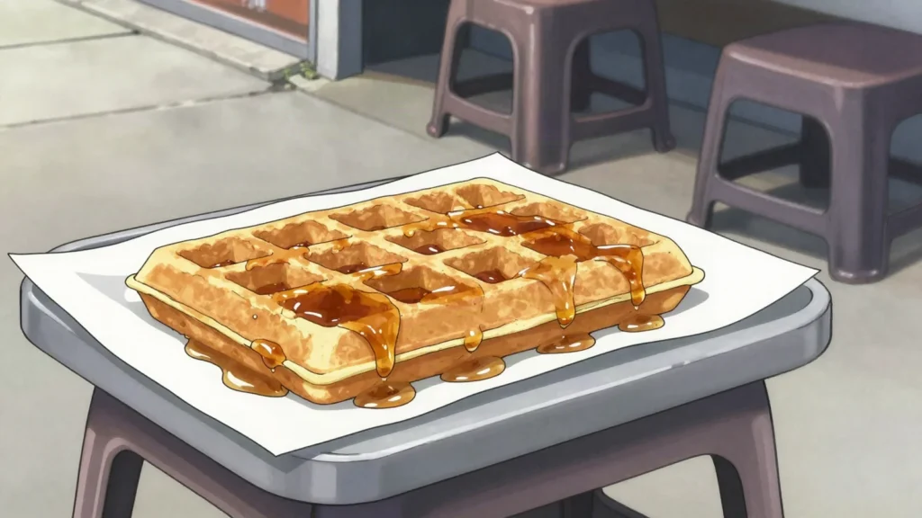Lacquemant, thin waffle wafer split and filled with orange-blossom syrup, Belgium street food, anime style