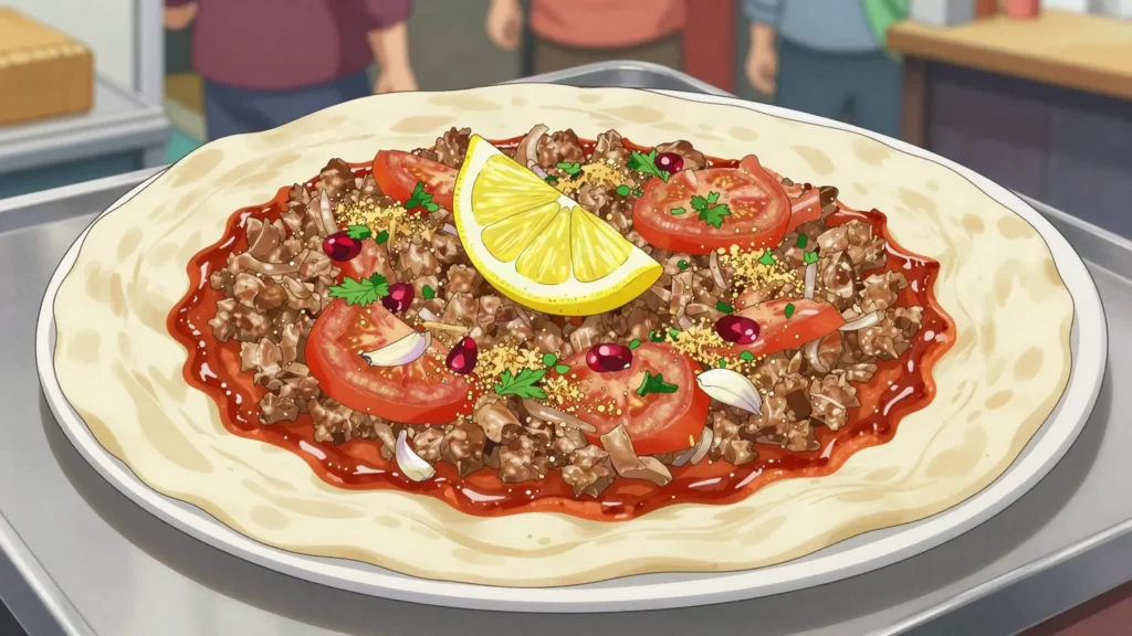 Lahmajo, paper-thin round of dough spread with minced meat, rolled up with lemon, Armenia street food, anime style
