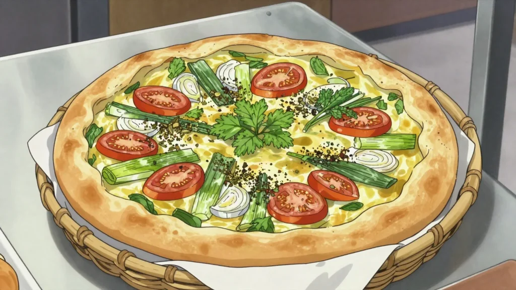 Lakror, korça pan pie with leek, tomato and herbs, Albania bread & pastry, anime style