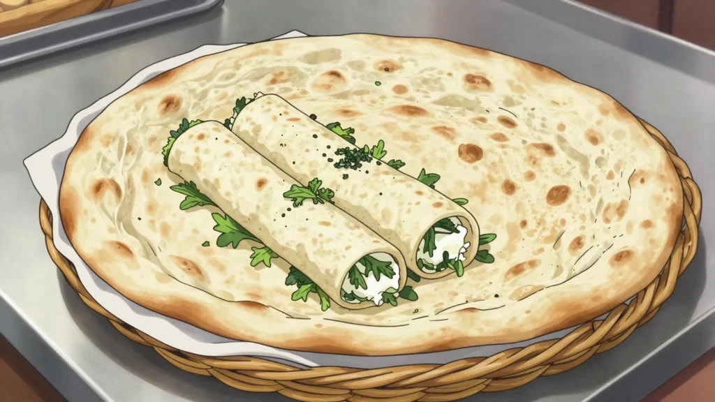 Lavash, thin tandoor flatbread, UNESCO-listed; wraps cheese, herbs and khorovats, Armenia bread & pastry, anime style