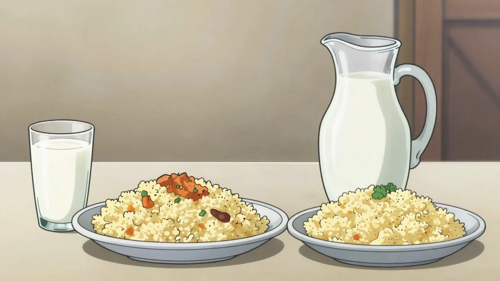 Lben, tangy cultured buttermilk left after churning, drunk cold with couscous, Morocco fermented & pickled, anime style