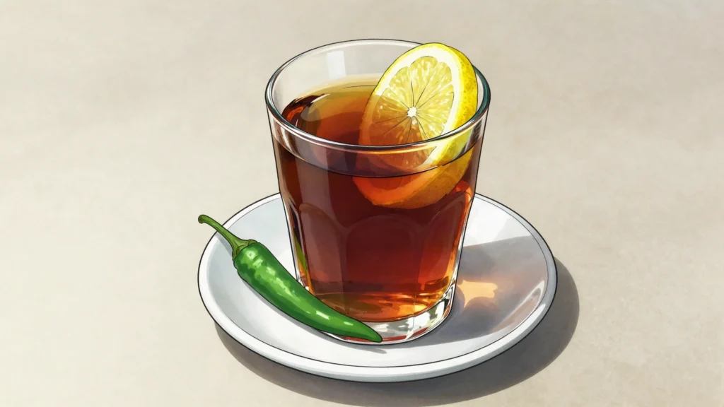 Lebu Cha, strong black tea with lemon, salt and green chilli served in glasses, Bangladesh drink, anime style