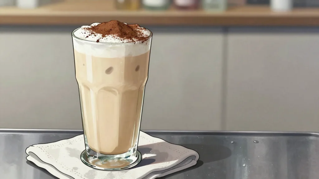 Leite de onça, cachaça blended with condensed milk, milk and cocoa, served cold, Brazil cocktail, anime style