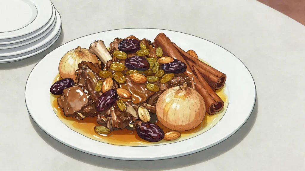 Lham lahlou, sweet Ramadan dish of lamb, prunes and raisins in orange-blossom syrup, Algeria main, anime style
