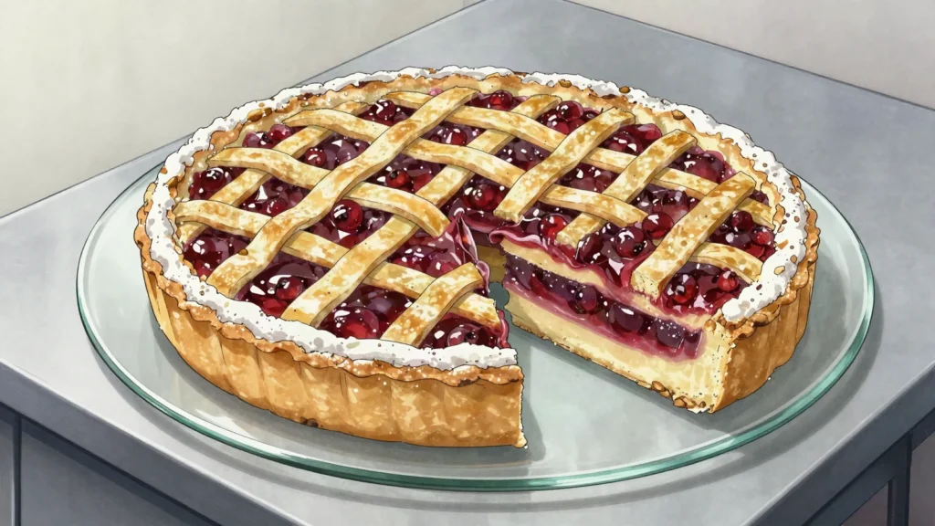 Linzer torte, spiced nut pastry with redcurrant jam under a lattice top, Austria dessert, anime style