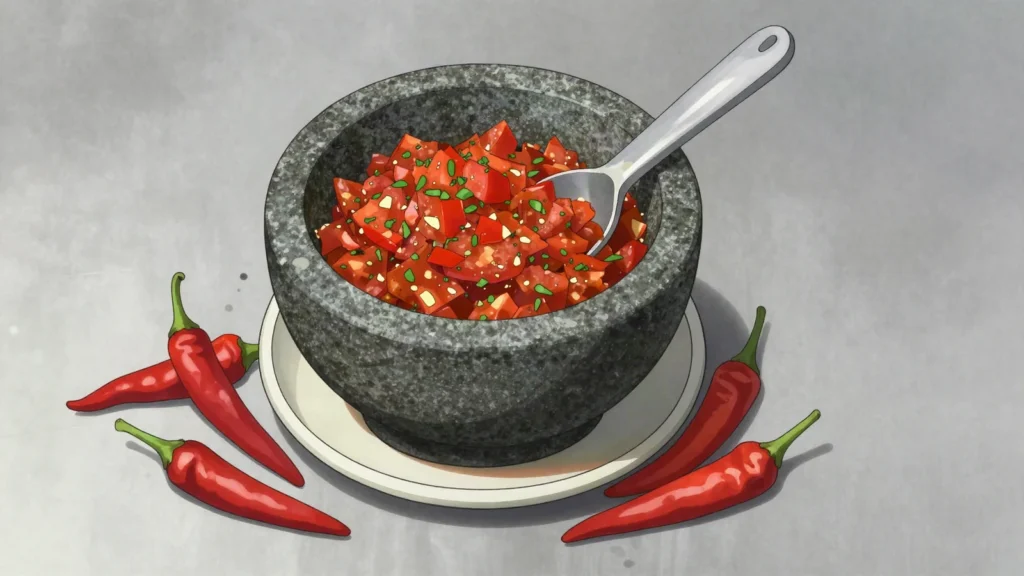Llajwa, fiery tomato-locoto salsa ground on stone, on every table, Bolivia sauce & condiment, anime style