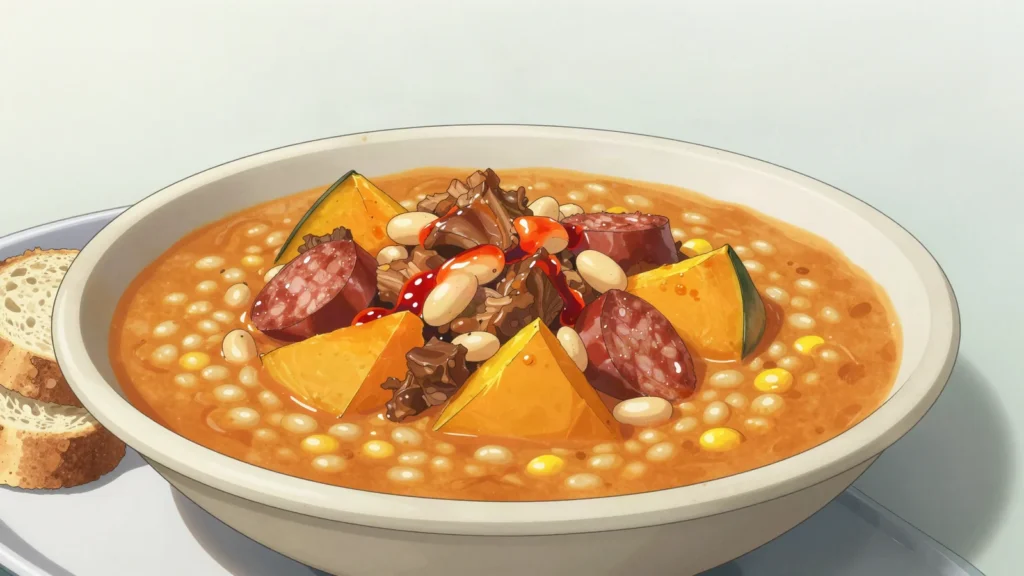 Locro, hominy, squash and meat stew eaten on patriotic May 25, Argentina soup & stew, anime style