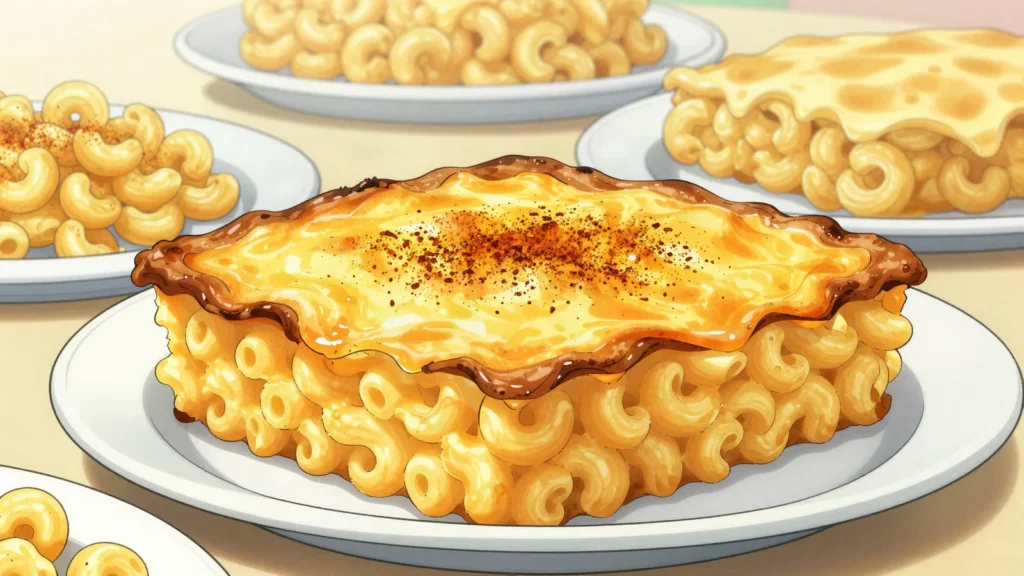 Macaroni pie, baked macaroni-cheddar casserole, Bajan comfort food, Barbados salad & side, anime style