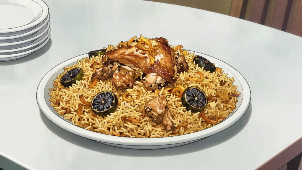 Machboos, spiced rice simmered with chicken, lamb or shrimp and loomi, United Arab Emirates main, anime style