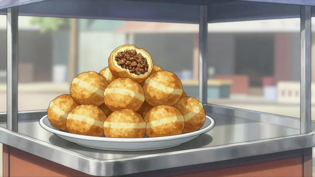 Magwinya, golden fat cakes, deep-fried dough sold everywhere, Botswana street food, anime style