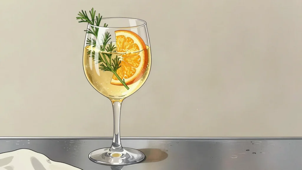 Maitrank, moselle wine infused with woodruff, sugar and orange, drunk in May, Belgium cocktail, anime style