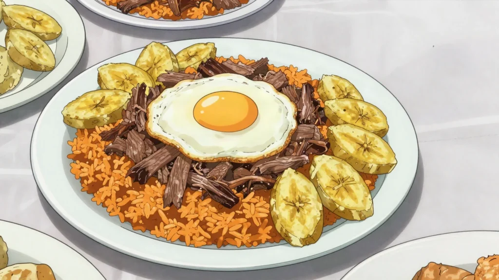 Majadito, santa Cruz rice with shredded charque, fried plantain and egg, Bolivia main, anime style