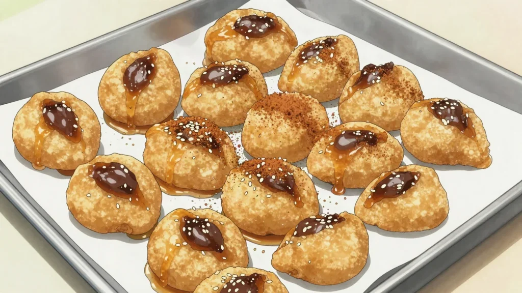 Makroud, semolina diamonds stuffed with date paste, fried and dipped in honey, Algeria dessert, anime style