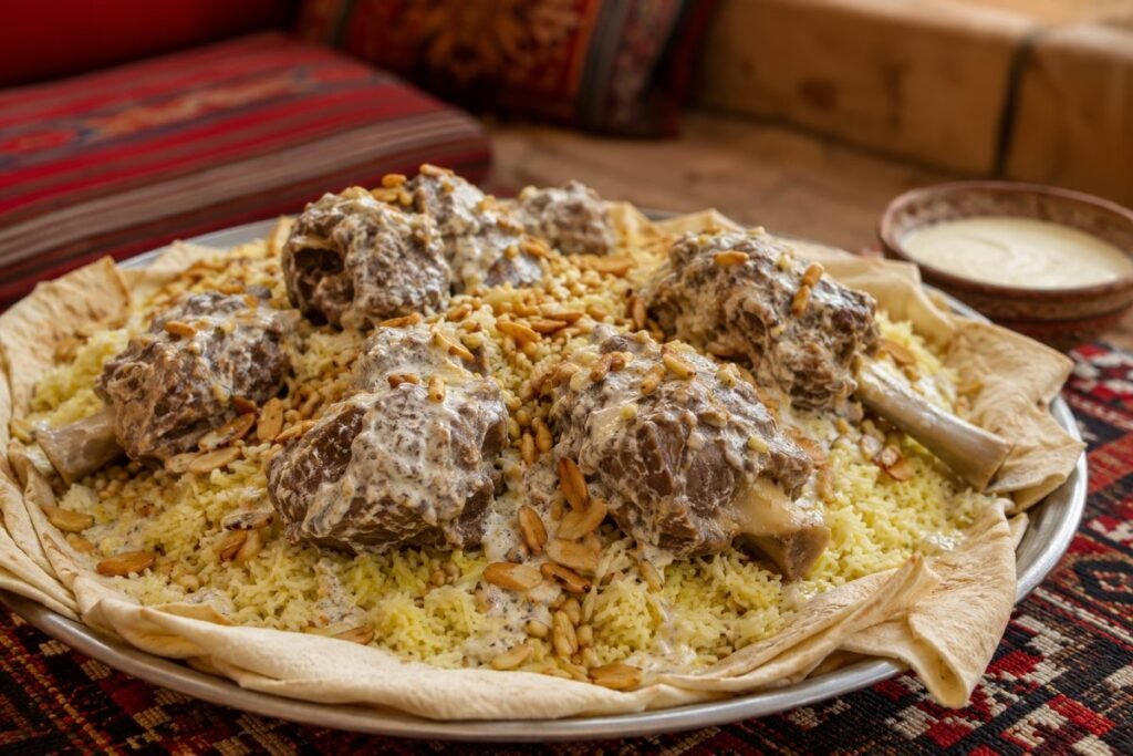 Mansaf, lamb cooked in jameed yogurt over shrak and rice; eaten communally, Jordan main, anime style