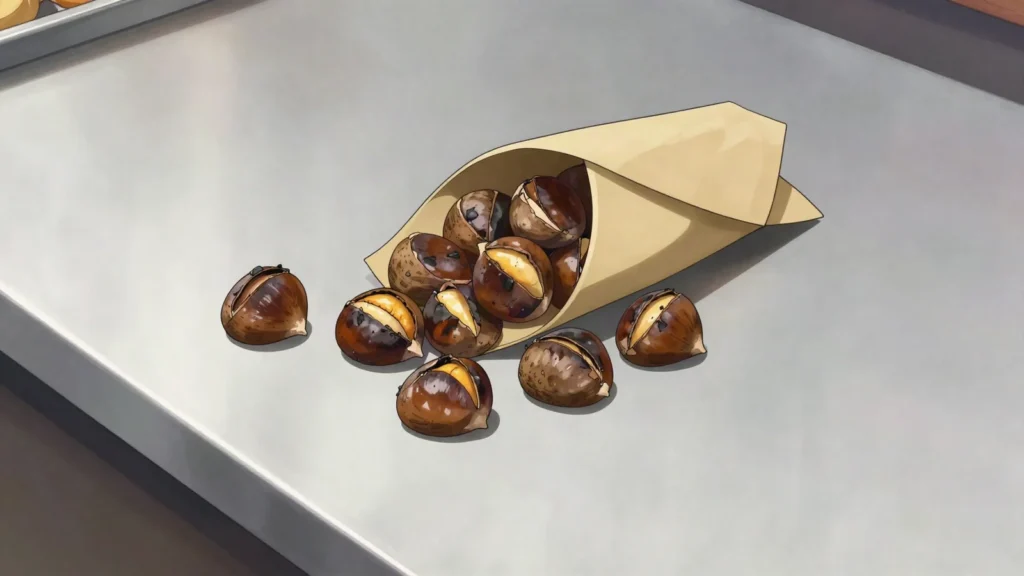 Maroni, sweet chestnuts roasted in a drum and sold in paper cones, Austria street food, anime style