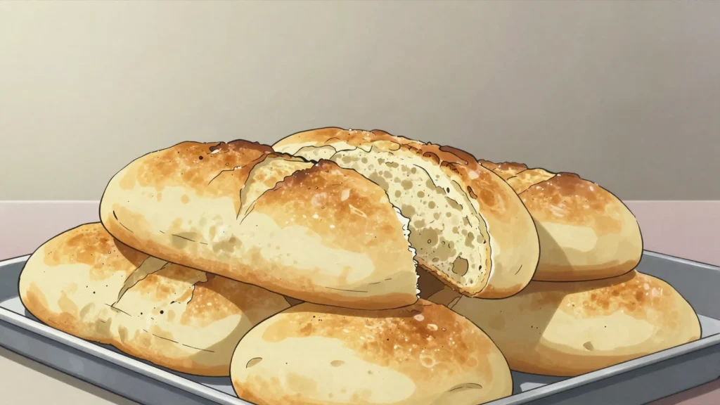 Marraqueta paceña, crusty twin roll of La Paz, eaten hot with cheese or api, Bolivia bread & pastry, anime style