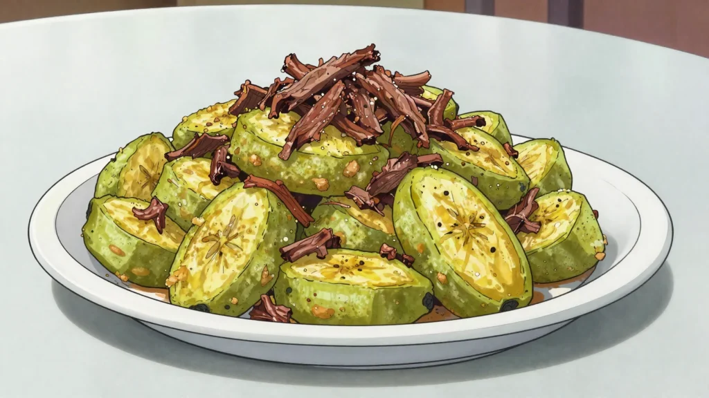 Masaco, fried plantain or cassava pounded with charque or cheese, Bolivia main, anime style
