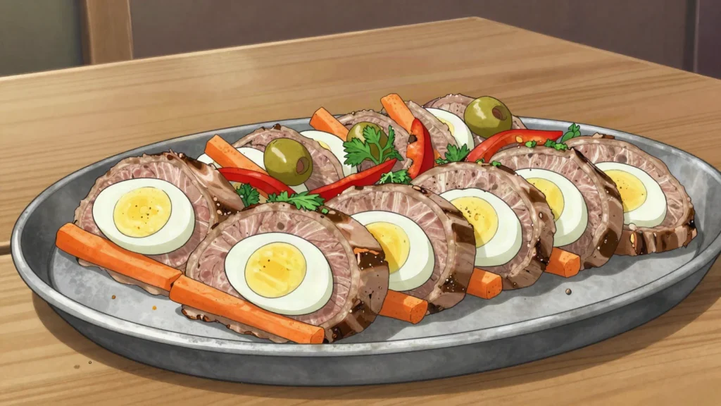 Matambre arrollado, flank steak rolled around egg, peppers and olives, sliced cold, Argentina main, anime style