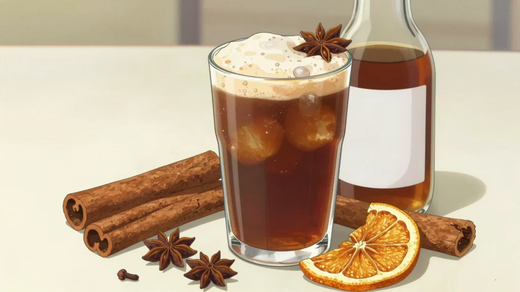 Mauby, bittersweet drink brewed from tree bark with cinnamon and anise, served cold, Trinidad and Tobago drink, anime style