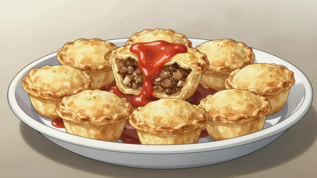 Meat Pie, flaky hand-held pie of minced beef and gravy, doused with tomato sauce, Australia snack, anime style