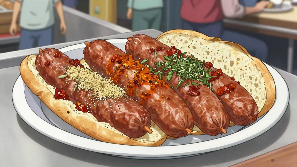 Merguez, harissa-red lamb and beef sausage, grilled fresh or dried for stews, Tunisia charcuterie & cured, anime style