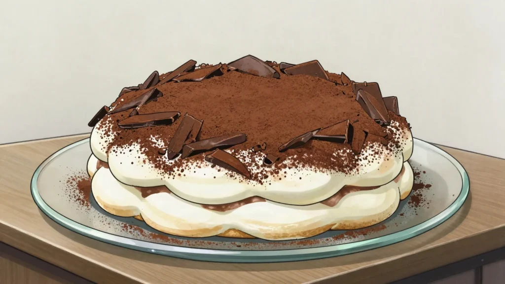 Merveilleux, two meringue shells joined with whipped cream and coated in chocolate shavings, Belgium dessert, anime style