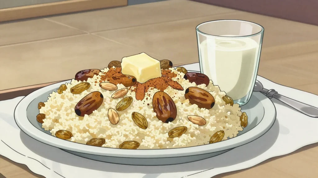Mesfouf, sweet steamed couscous with raisins, dates and butter, eaten before dawn, Algeria breakfast, anime style