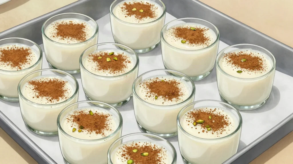 Mhalbi, rose-scented rice-flour milk pudding dusted with cinnamon, Algeria dessert, anime style