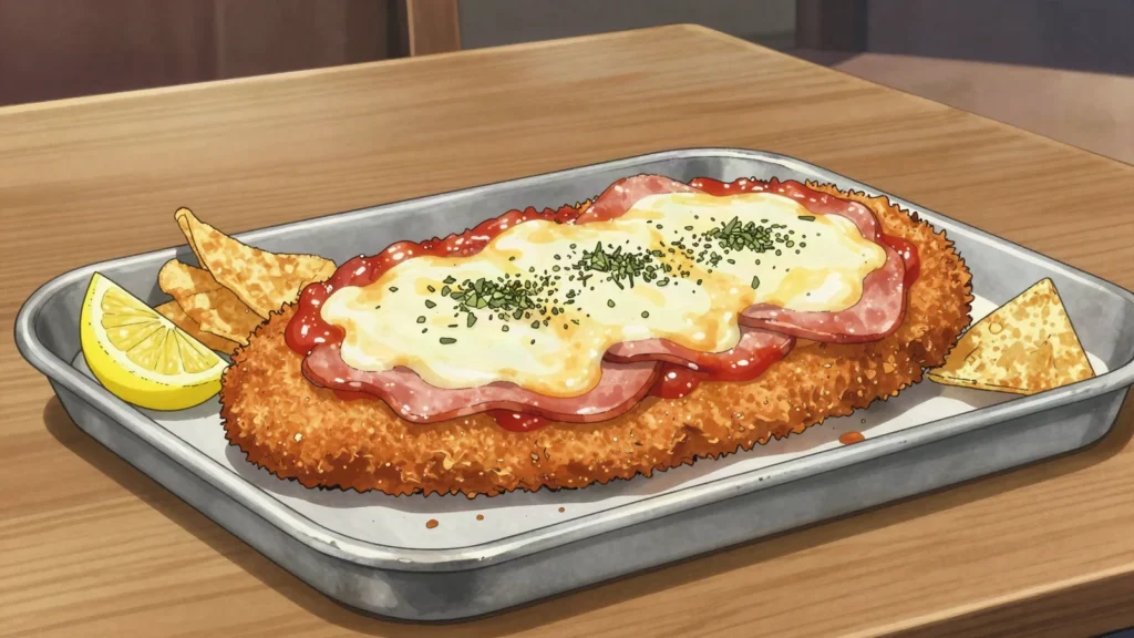 Milanesa a la napolitana, breaded cutlet topped with tomato sauce, ham and melted cheese, Argentina main, anime style
