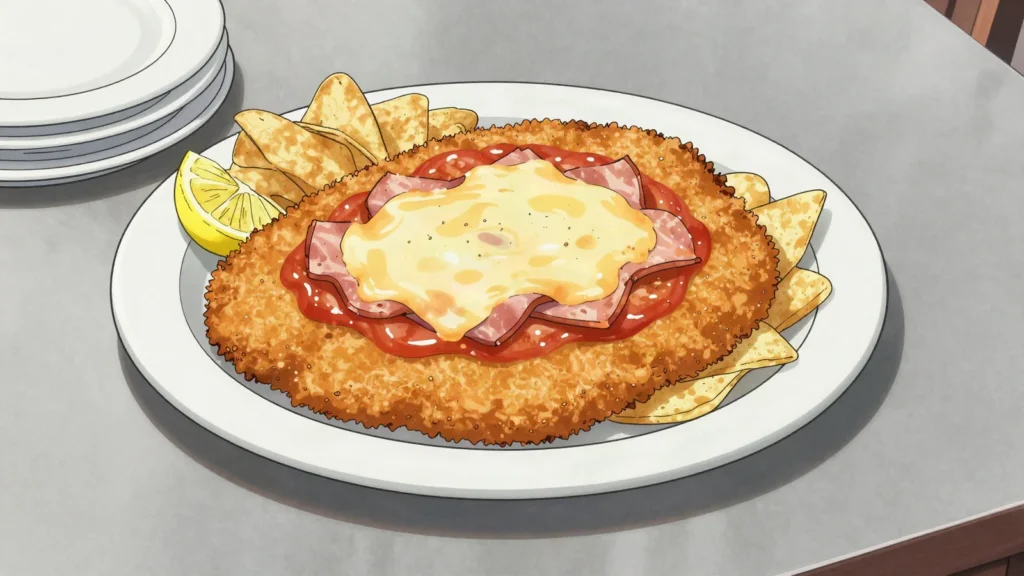 Milanesa, breaded fried cutlet, eaten plain, al pan or napolitana, Uruguay main, anime style