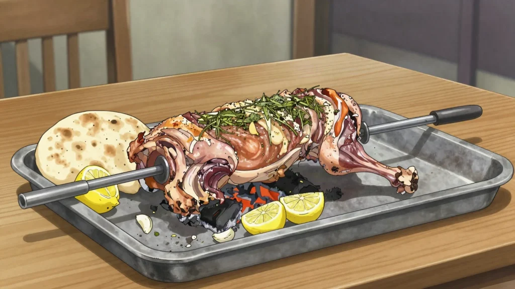 Mish në hell, whole lamb or kid turned on a spit over embers, Albania main, anime style