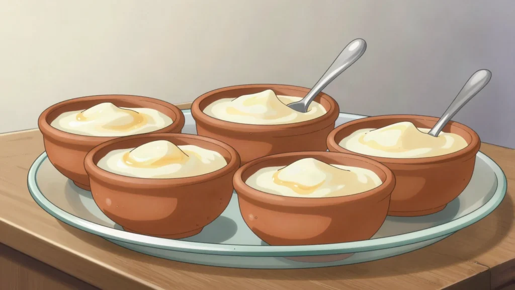 Mishti Doi, caramelized sweet yogurt set in earthen pots; Bogura famous, Bangladesh dessert, anime style