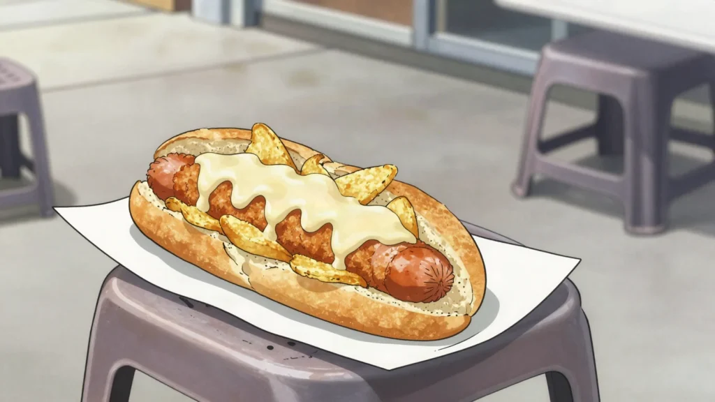Mitraillette, half baguette filled with fried meat, chips and sauce, Belgium street food, anime style