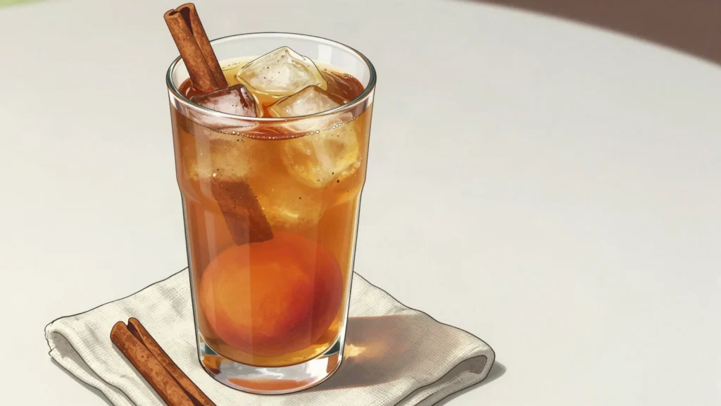 Mocochinchi, chilled cinnamon-spiced drink of rehydrated dried peaches, Bolivia drink, anime style