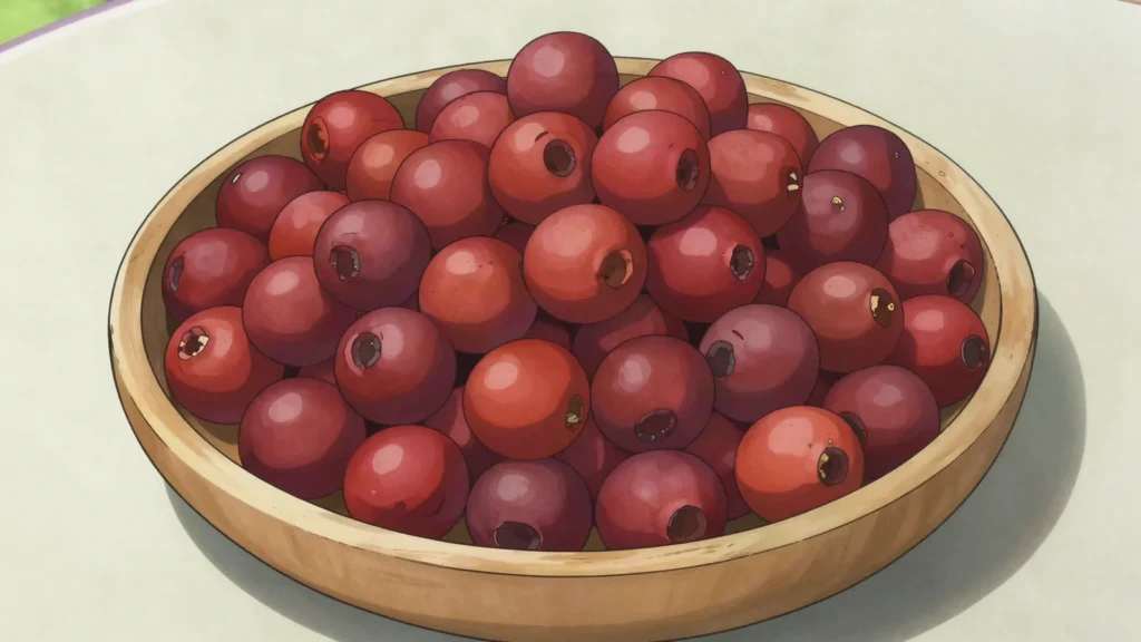 Mogwana, small sweet wild berries eaten by the handful or brewed into khadi, Botswana snack, anime style