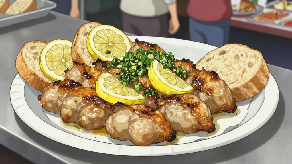 Mollejas, sweetbreads grilled slowly until crisp, squeezed with lemon, Argentina street food, anime style