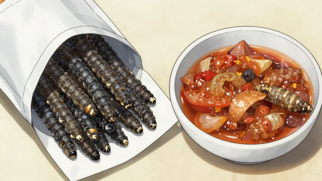 Mopane worms, dried mopane caterpillars eaten crisp or stewed, Botswana snack, anime style