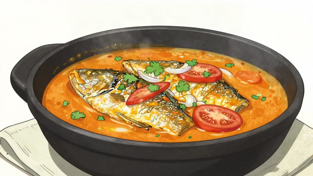 Moqueca, fish simmered with coconut milk, dendê oil and peppers in clay pot, Brazil soup & stew, anime style