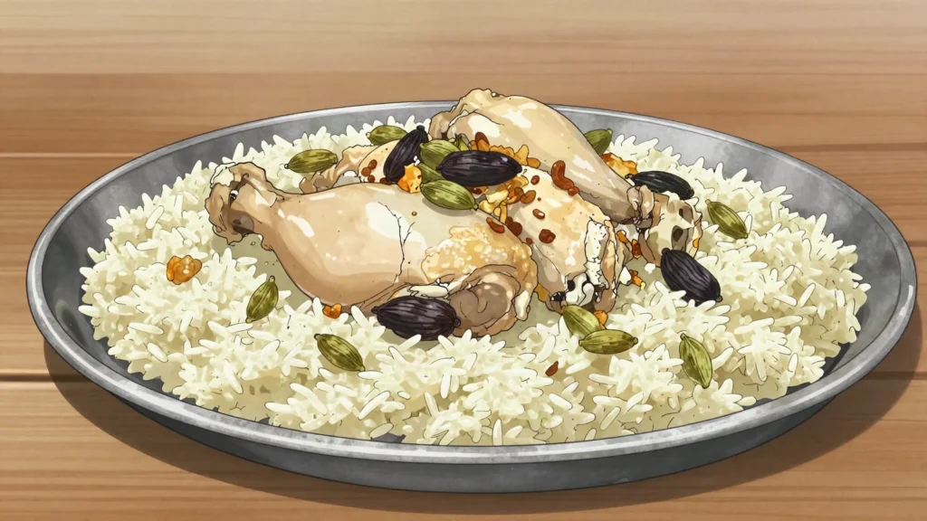 Morog Polao, celebratory chicken pilaf, mild and aromatic, Bangladesh main, anime style