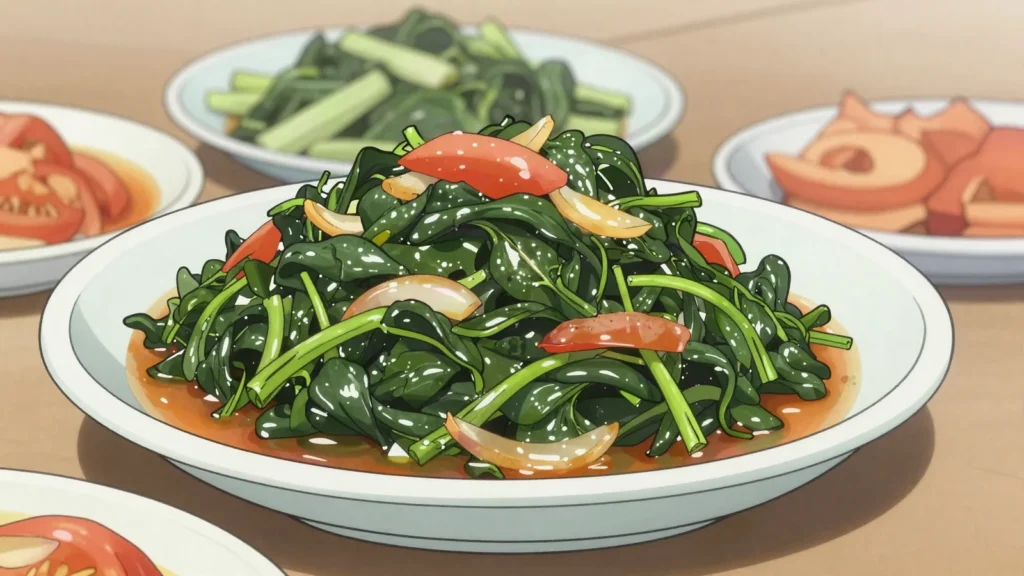 Morogo, wild spinach greens stewed with onion and tomato, Botswana salad & side, anime style
