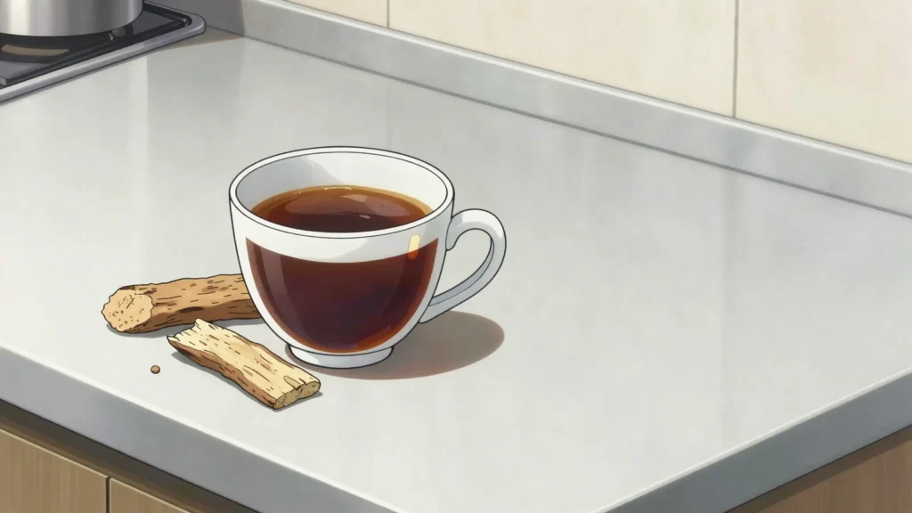 Motlopi coffee, roasted shepherd's tree root brewed as a bitter coffee substitute, Botswana drink, anime style