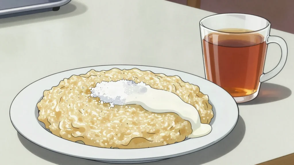 Motogo, loose soft sorghum or maize porridge served with sugar and milk, Botswana breakfast, anime style