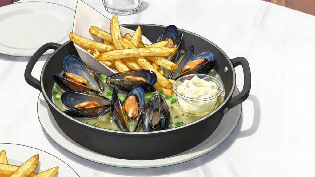 Moules-frites, mussels steamed in white wine, with fries and mayonnaise, Belgium main, anime style